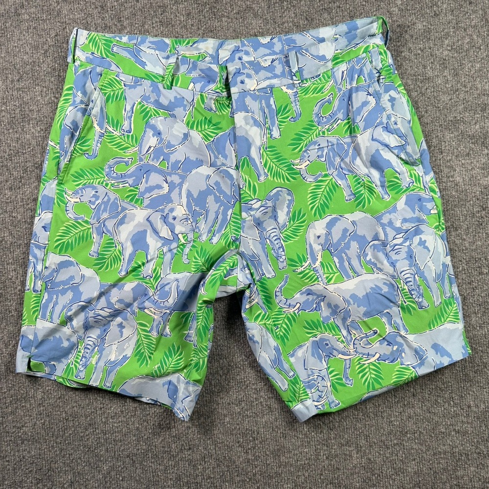 Polo Ralph Lauren Shorts Mens 34 Green Blue Elephant Palm Print Golf Stretch